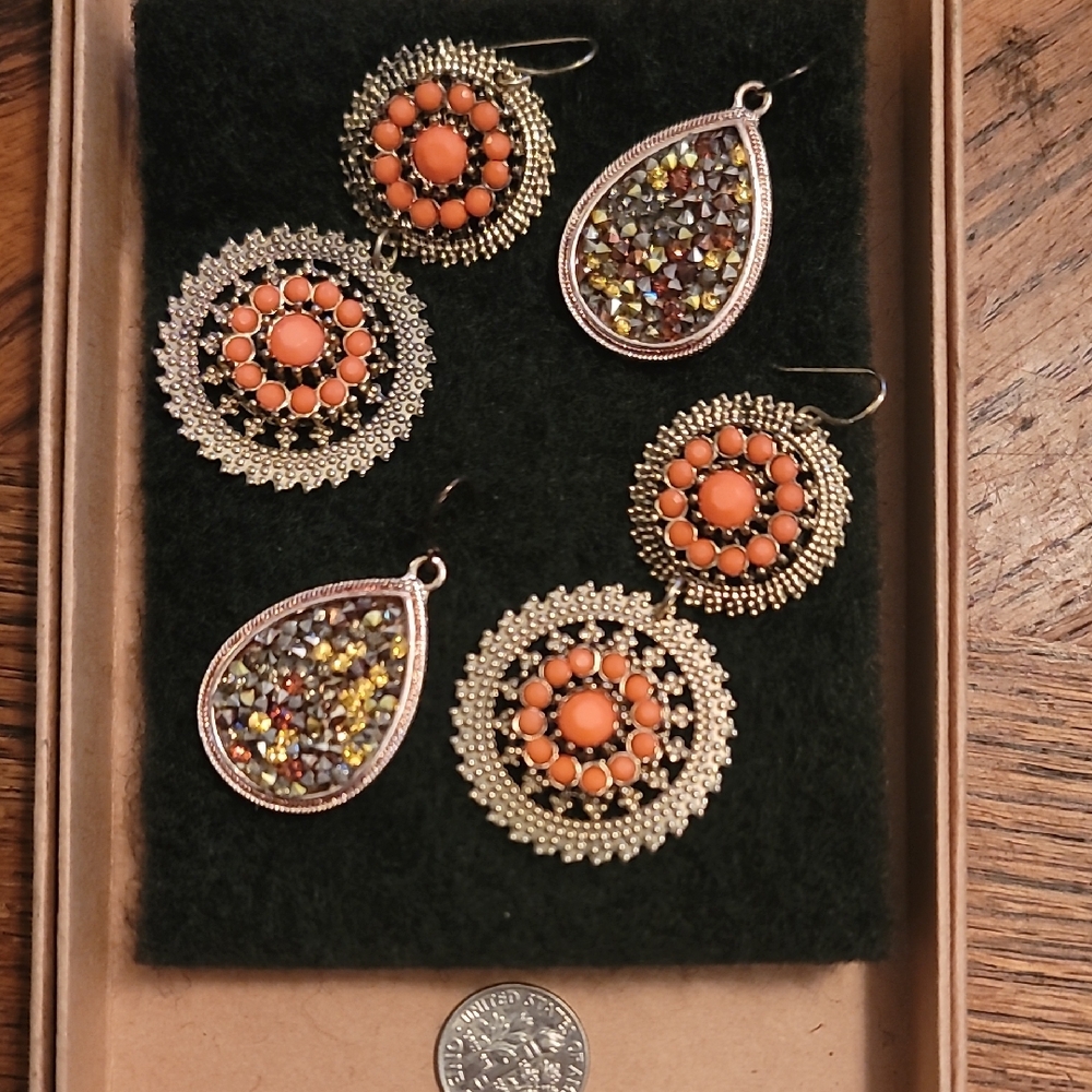 Orange and Gold Earrings with Intricate Beads On Brass